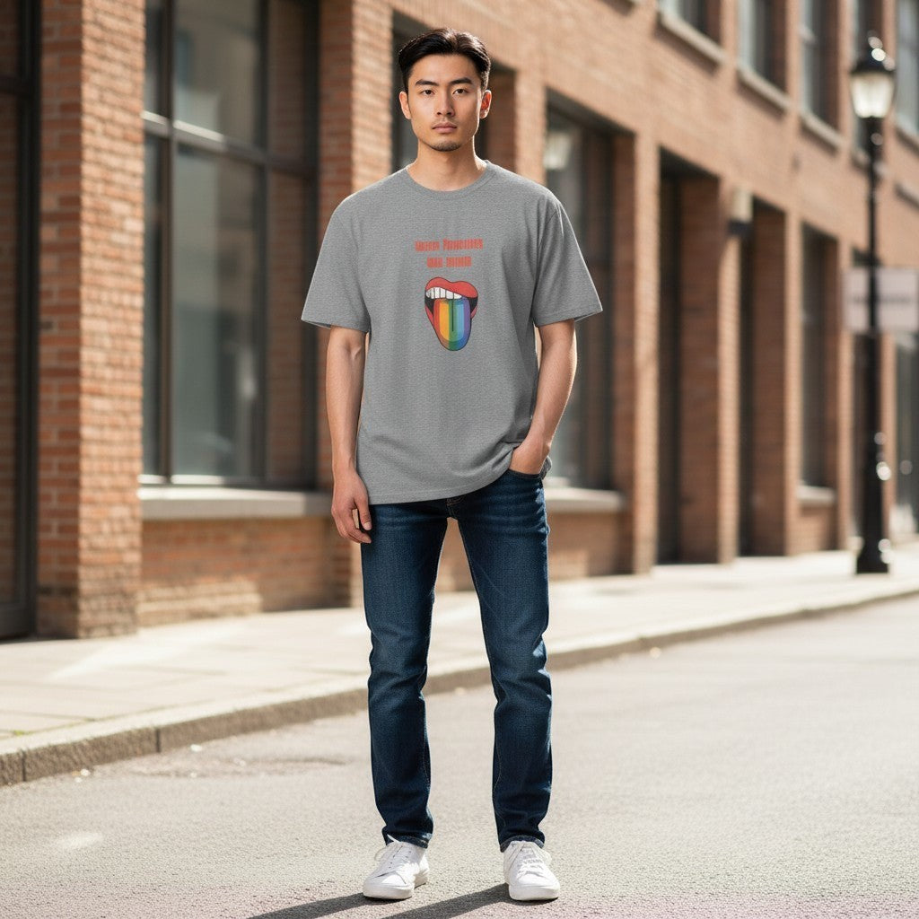 Reclaim Long Beach grey cotton t-shirt with 'Make America' text and rainbow tongue graphic.